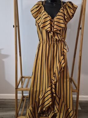 Blush Mustard Yellow and Black Striped Ruffle Maxi Dress